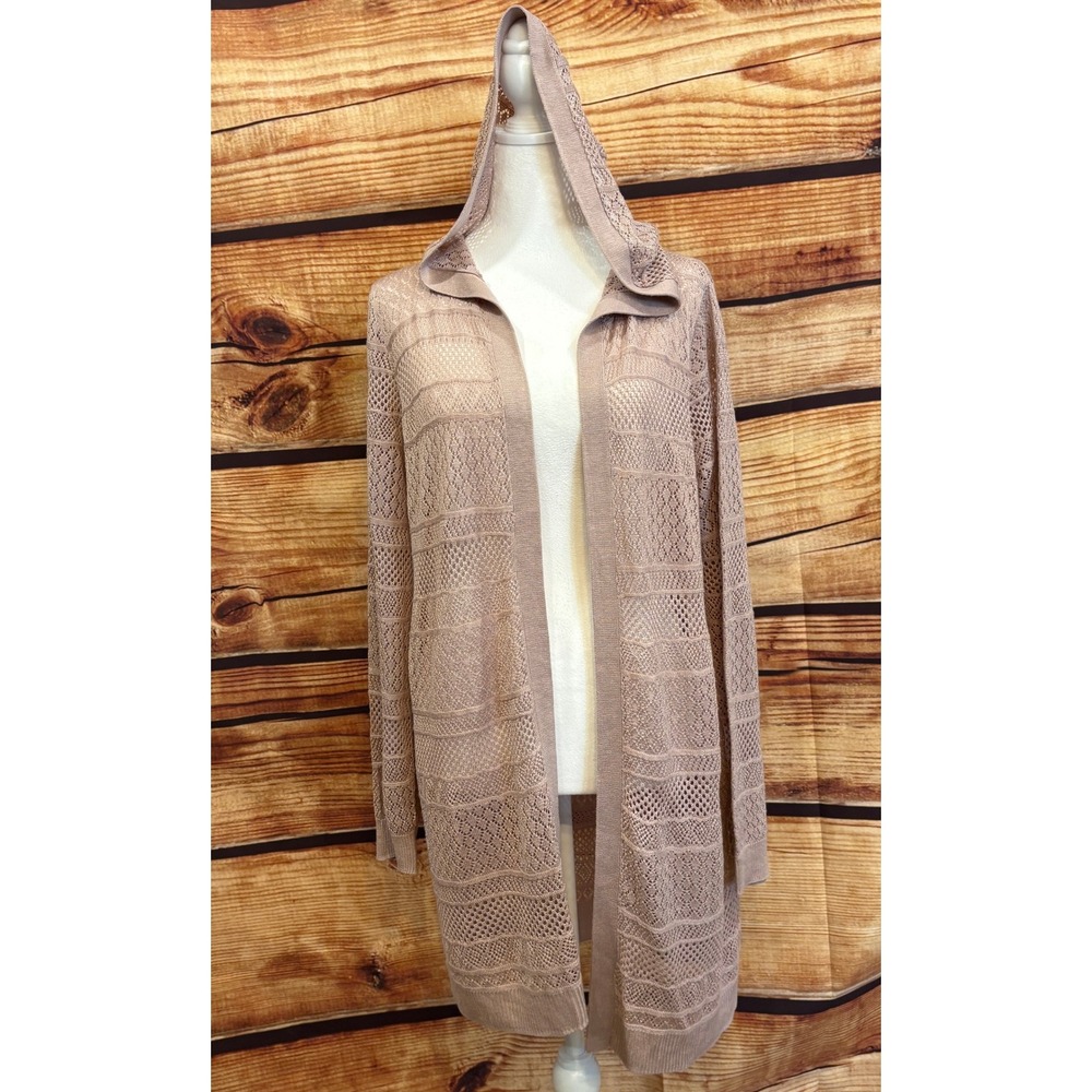 Dusty Rose Boho Peasant Long Sleeve Loose Knit Open Front Cardigan W/ Hood Sz L